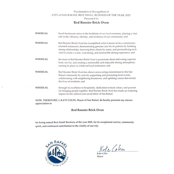 Proclamation recognizing Red Rooster Brick Oven as San Rafael's Best Small Business of the Year 2025.