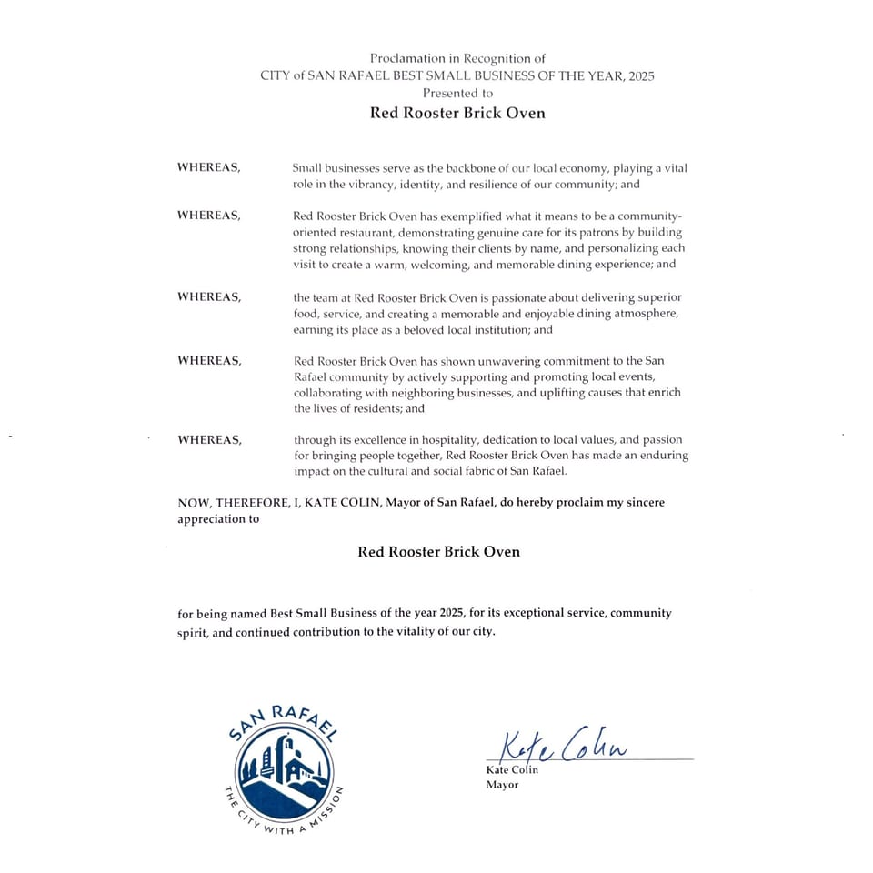 Proclamation recognizing Red Rooster Brick Oven as San Rafael's Best Small Business of the Year 2025.