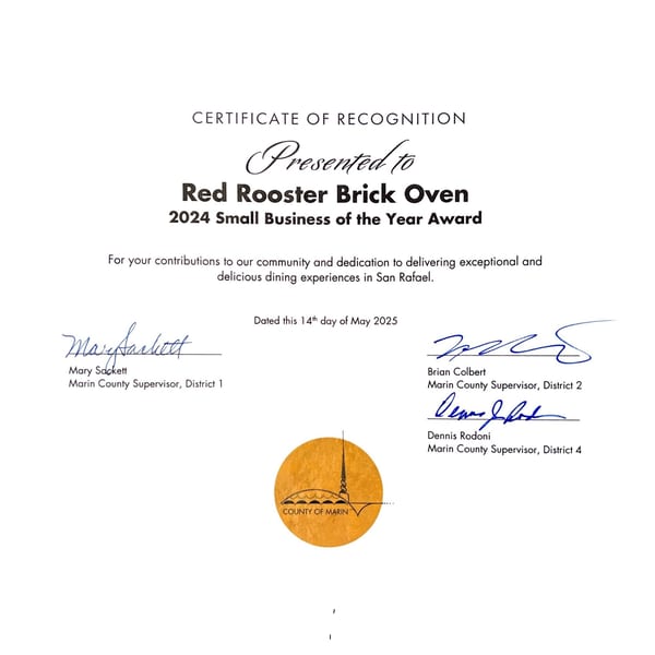 Certificate of Recognition presented to Red Rooster Brick Oven for the 2024 Small Business of the Year Award.