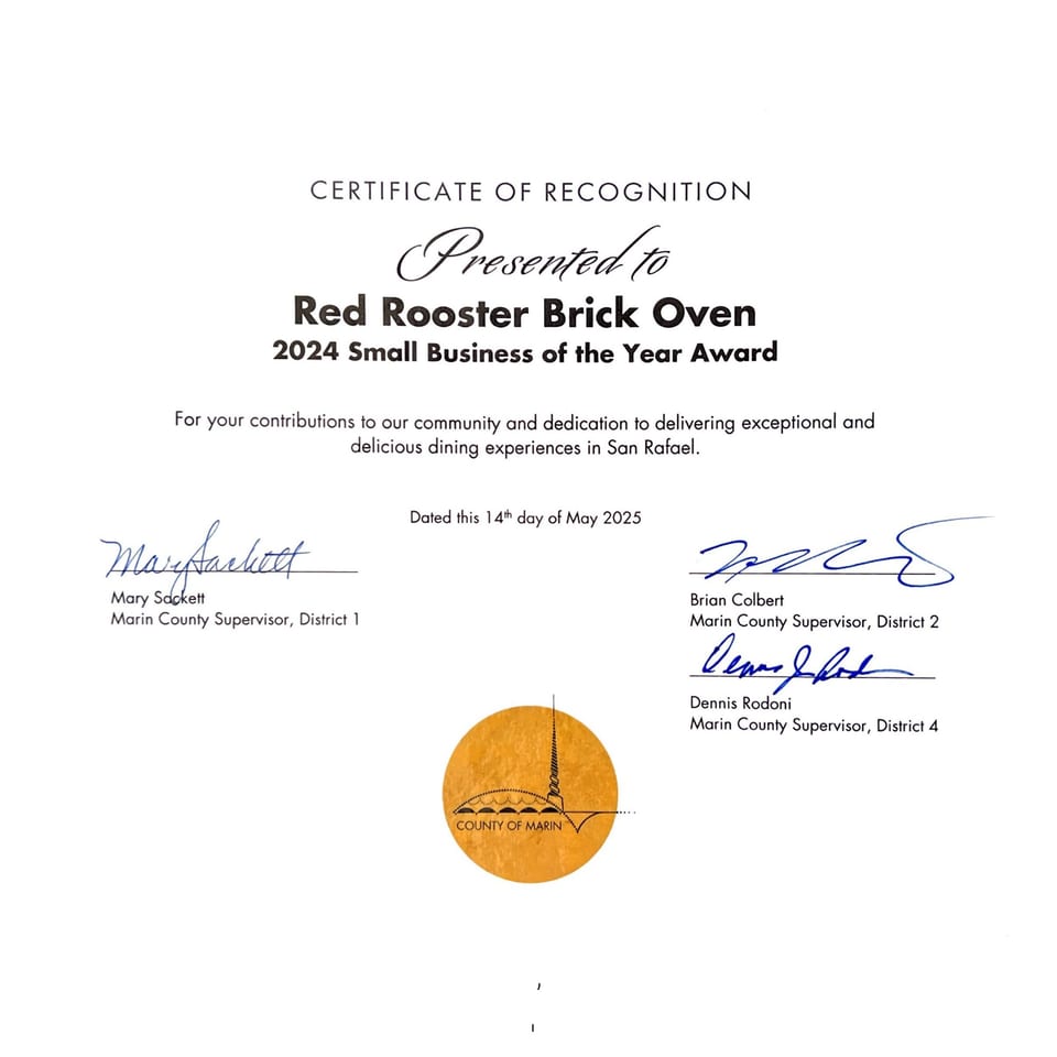 Certificate of Recognition presented to Red Rooster Brick Oven for the 2024 Small Business of the Year Award.