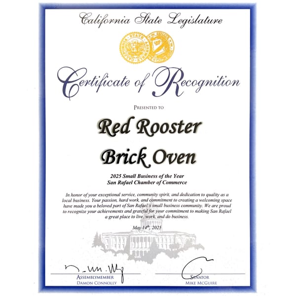 Certificate of Recognition from the California State Legislature for Red Rooster Brick Oven, 2025 Small Business of the Year.