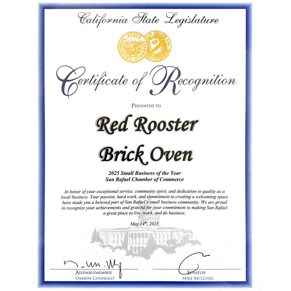Certificate of Recognition from the California State Legislature for Red Rooster Brick Oven, 2025 Small Business of the Year.