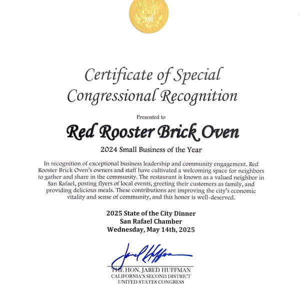 A Certificate of Special Congressional Recognition for Red Rooster Brick Oven as 2024 Small Business of the Year.