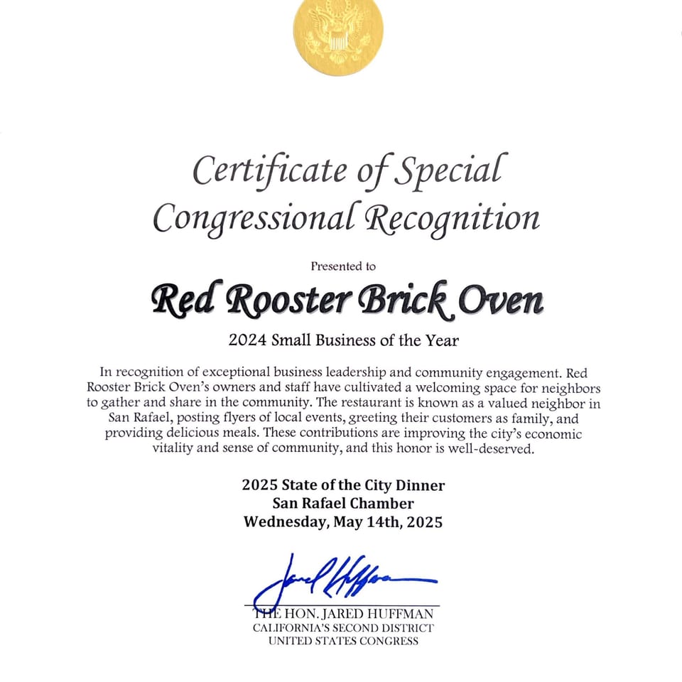 A Certificate of Special Congressional Recognition for Red Rooster Brick Oven as 2024 Small Business of the Year.