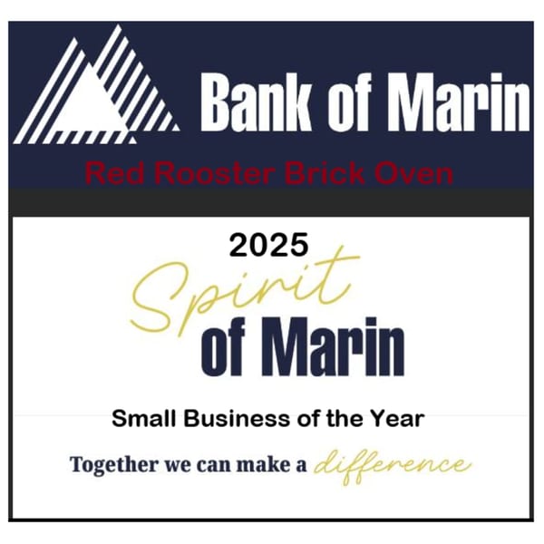 Bank of Marin logo and text announcing Red Rooster Brick Oven as 2025 Small Business of the Year.